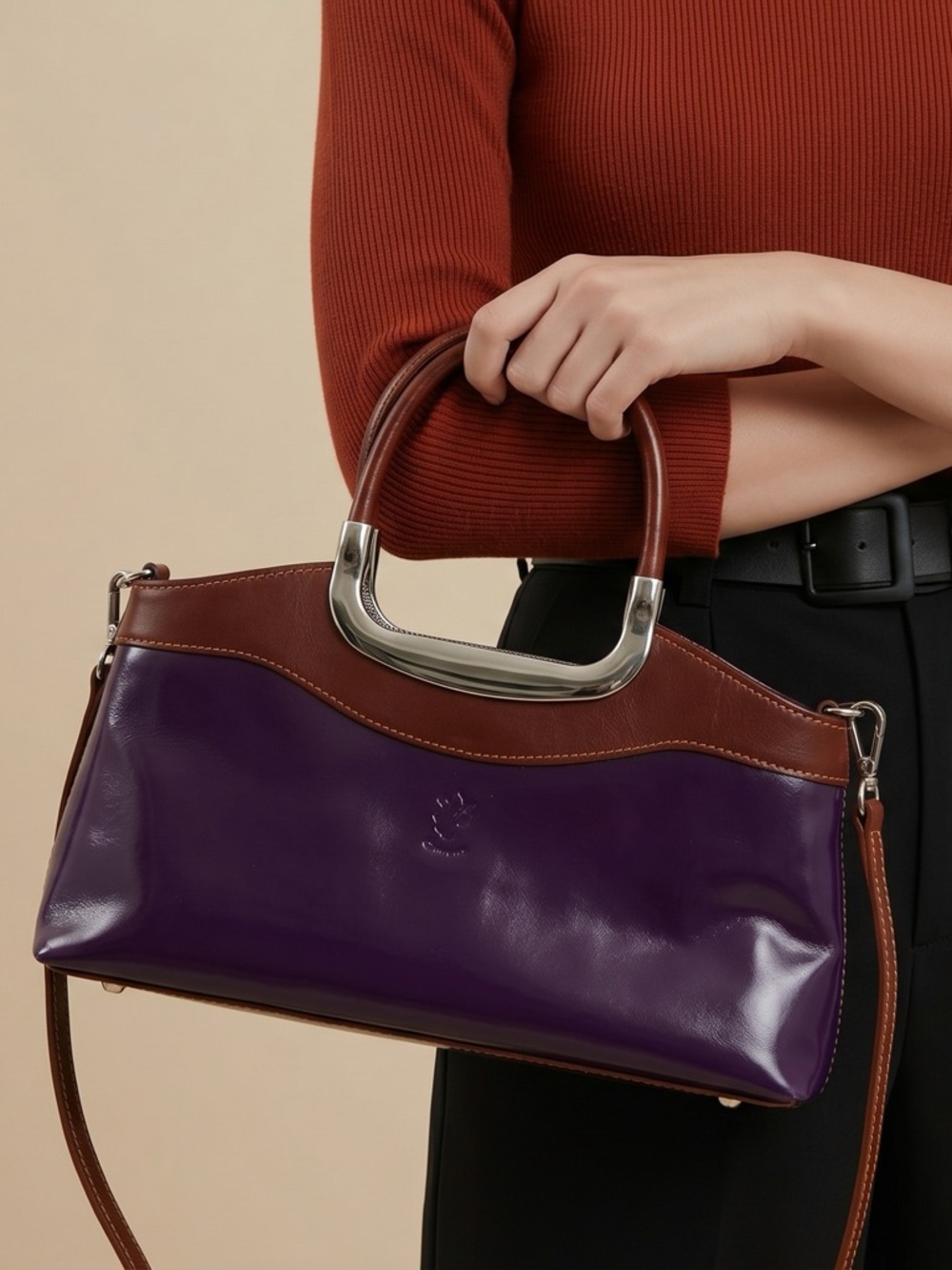 Florence Italy Borse in Pelle Genuine Eggplant Grape Purple Brown Leather Bag